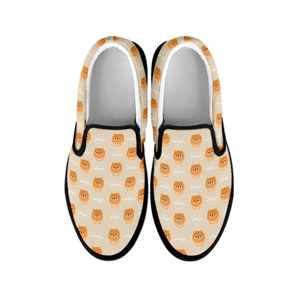 Little Pomeranian Pattern Print Black Slip On Shoes