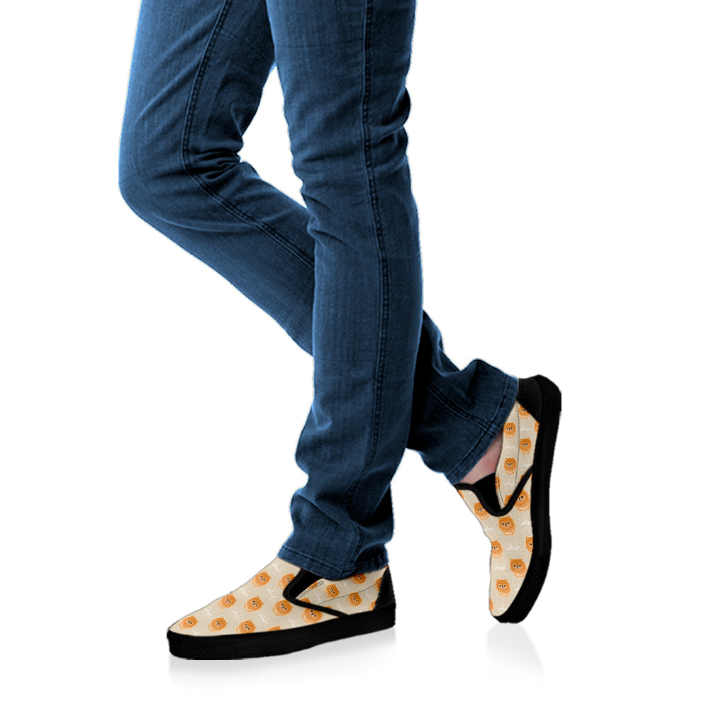 Little Pomeranian Pattern Print Black Slip On Shoes