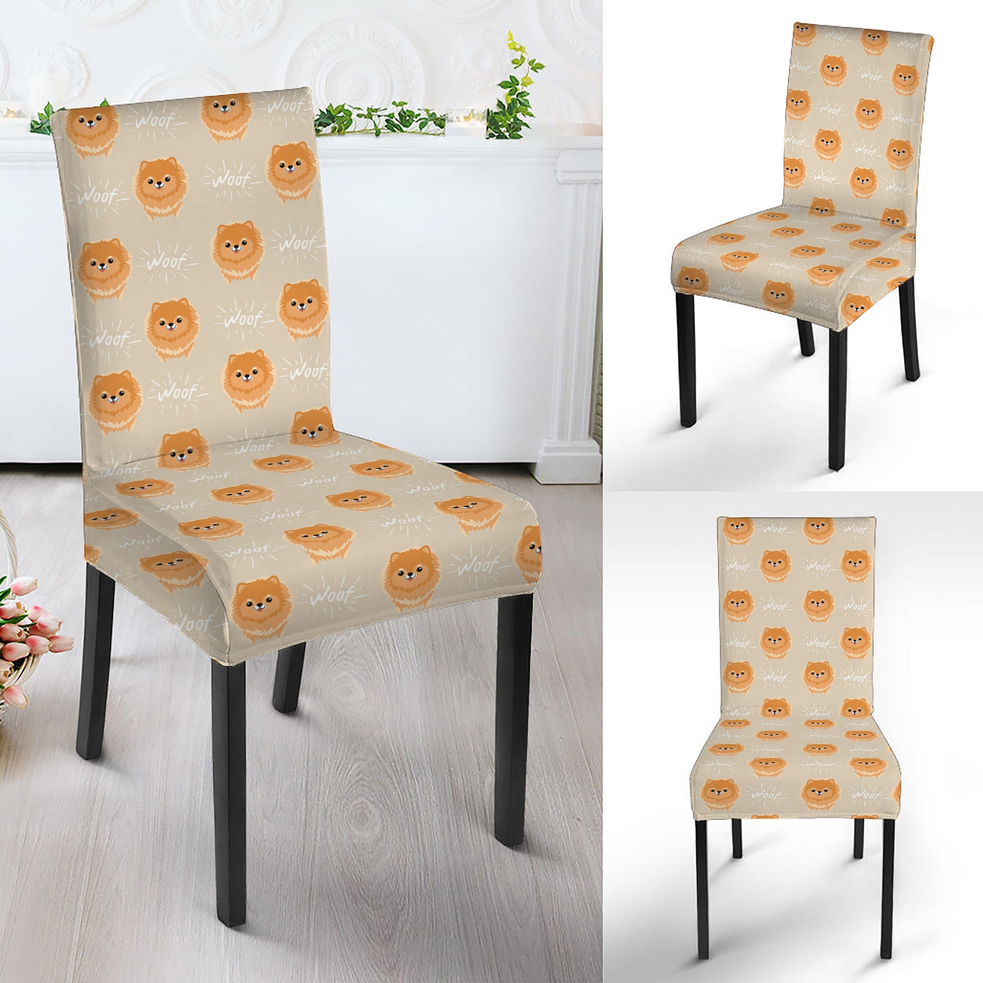 Little Pomeranian Pattern Print Dining Chair Slipcover