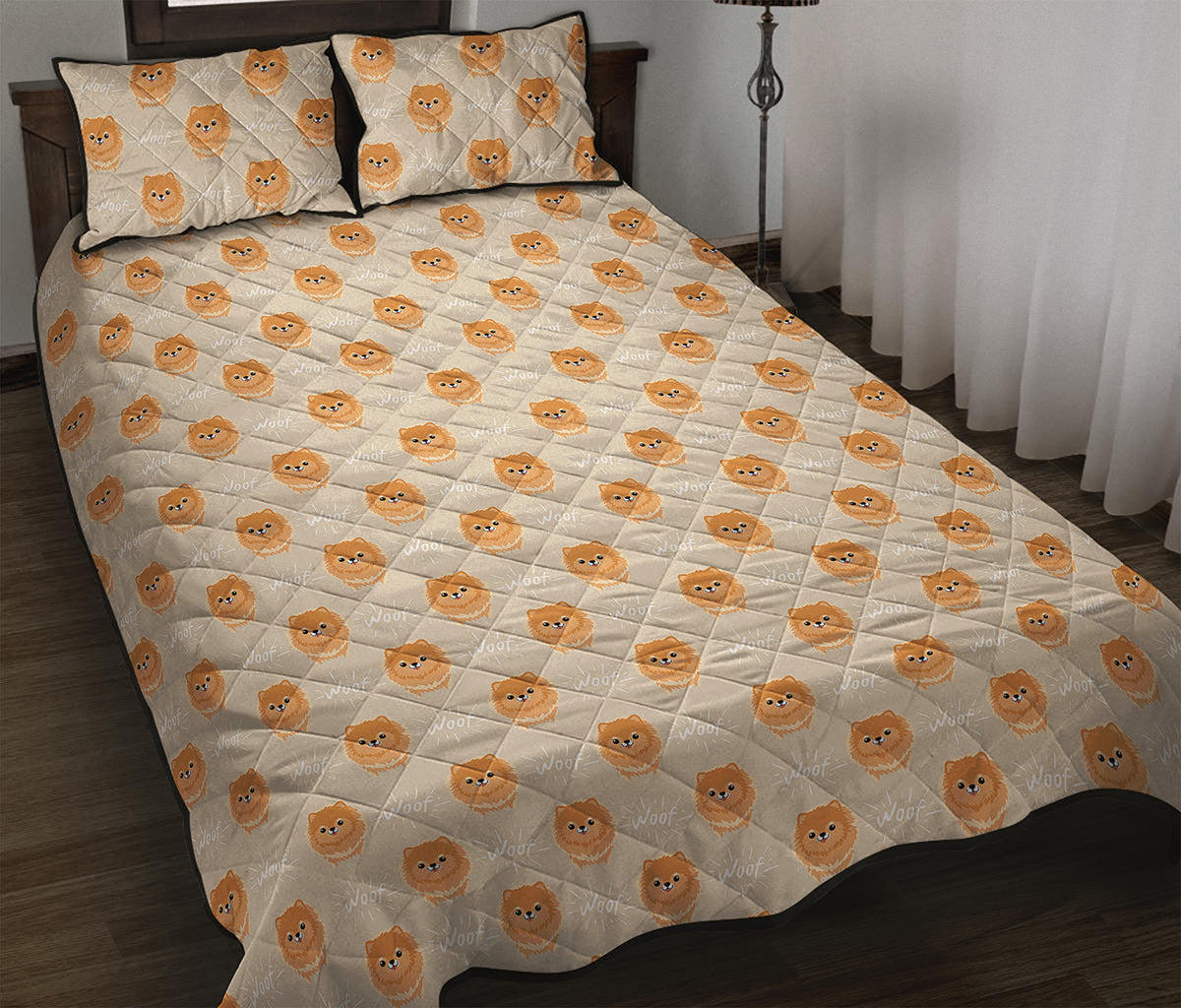 Little Pomeranian Pattern Print Quilt Bed Set