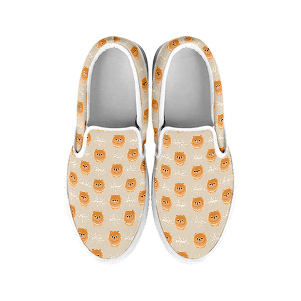 Little Pomeranian Pattern Print White Slip On Shoes