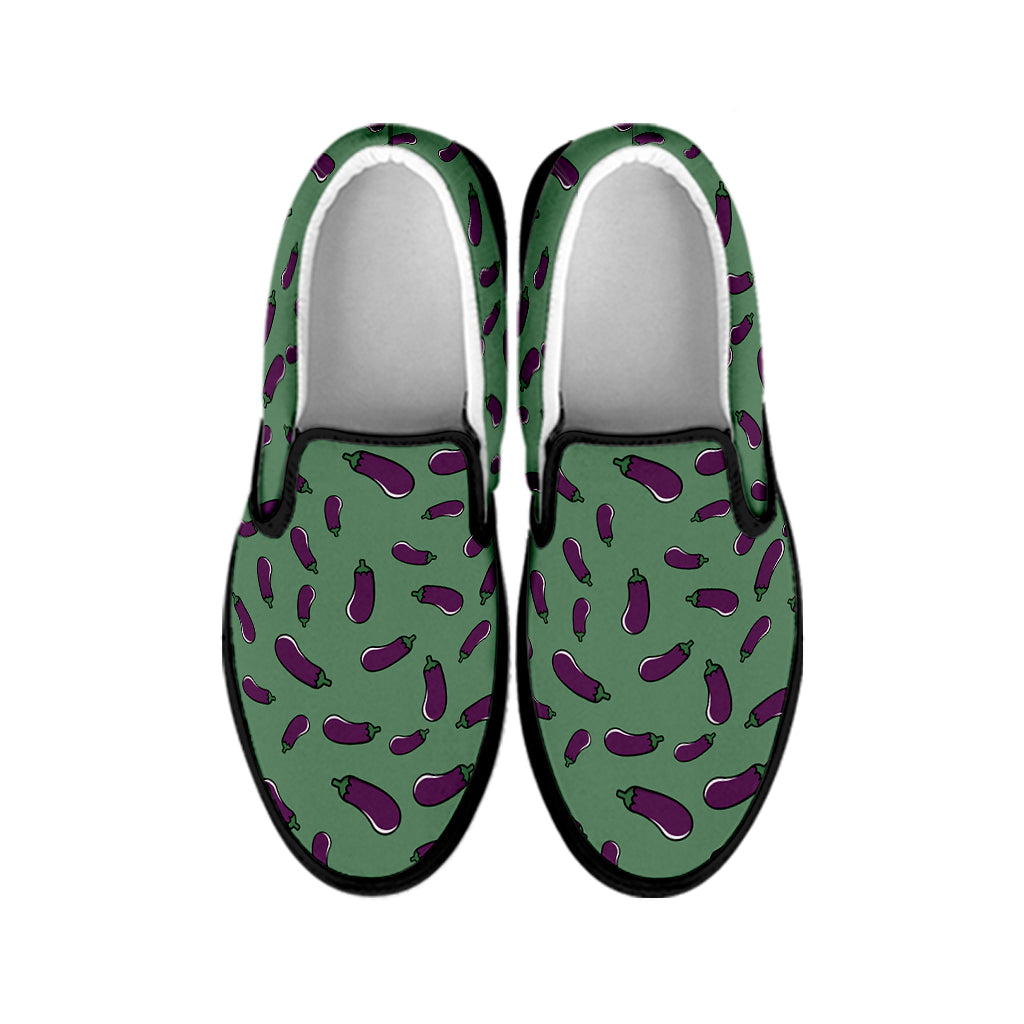 Little Purple Eggplant Pattern Print Black Slip On Shoes