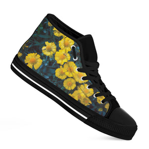 Little Yellow Daisy Print Black High Top Shoes