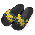 Little Yellow Daisy Print Black Slide Sandals