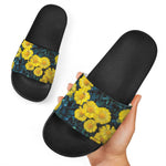 Little Yellow Daisy Print Black Slide Sandals