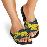 Little Yellow Daisy Print Black Slide Sandals