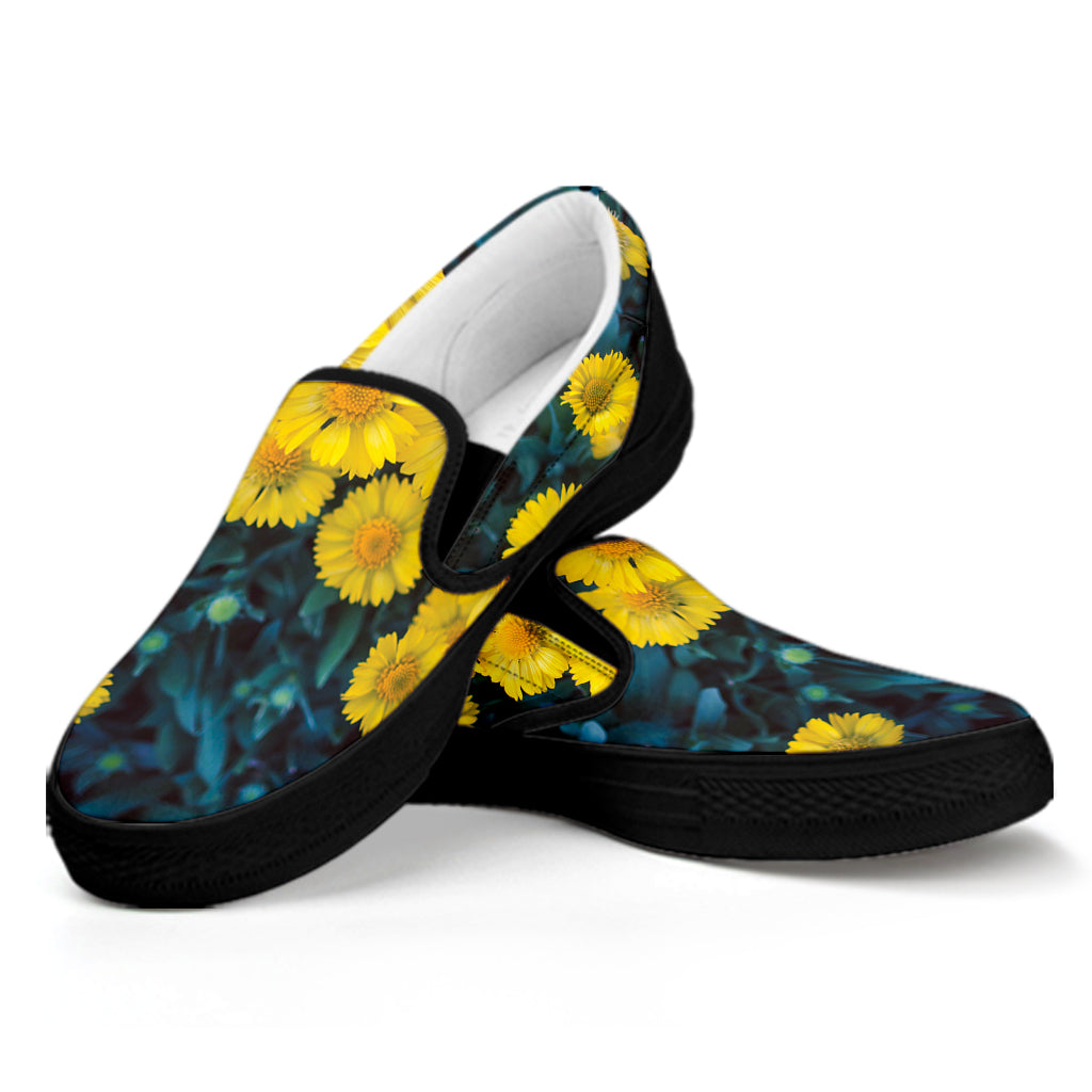 Little Yellow Daisy Print Black Slip On Shoes