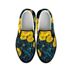 Little Yellow Daisy Print Black Slip On Shoes