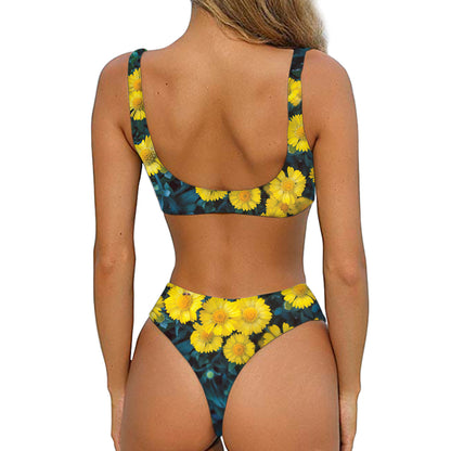 Little Yellow Daisy Print Front Bow Tie Bikini
