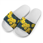 Little Yellow Daisy Print White Slide Sandals