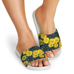 Little Yellow Daisy Print White Slide Sandals