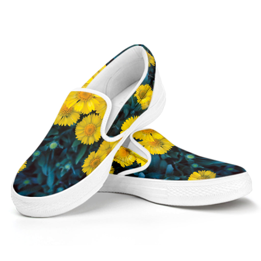 Little Yellow Daisy Print White Slip On Shoes