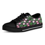 Lotus Flower And Leaf Pattern Print Black Low Top Shoes