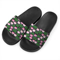 Lotus Flower And Leaf Pattern Print Black Slide Sandals