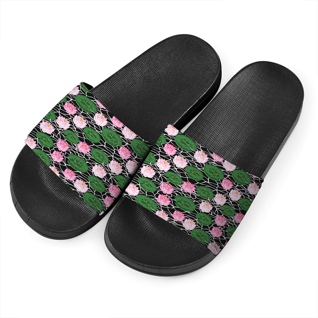 Lotus Flower And Leaf Pattern Print Black Slide Sandals