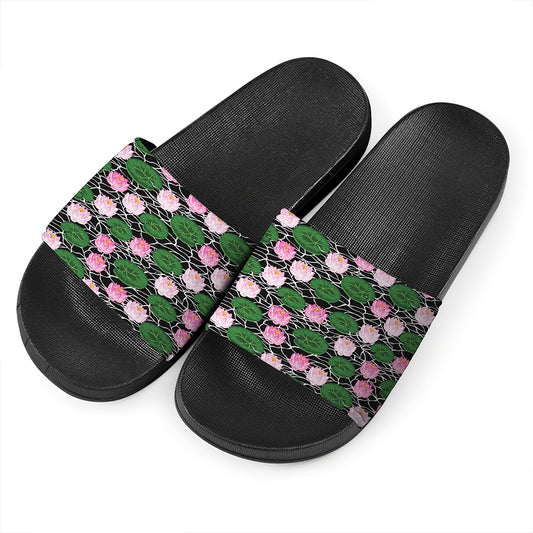 Lotus Flower And Leaf Pattern Print Black Slide Sandals