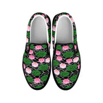 Lotus Flower And Leaf Pattern Print Black Slip On Shoes