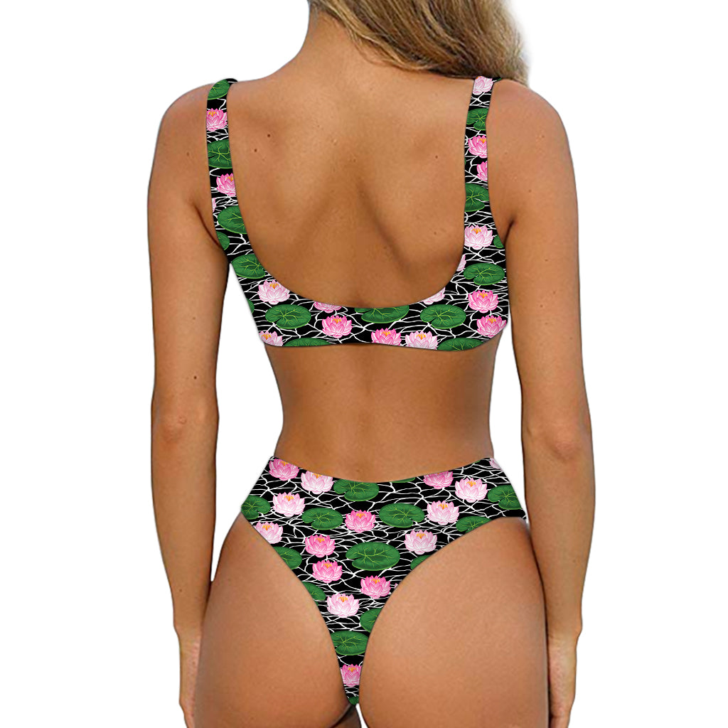 Lotus Flower And Leaf Pattern Print Front Bow Tie Bikini