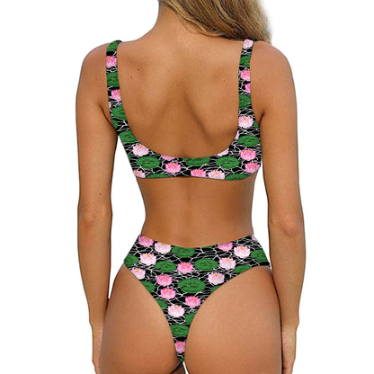Lotus Flower And Leaf Pattern Print Front Bow Tie Bikini