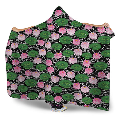 Lotus Flower And Leaf Pattern Print Hooded Blanket