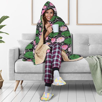 Lotus Flower And Leaf Pattern Print Hooded Blanket