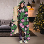 Lotus Flower And Leaf Pattern Print Hooded Blanket