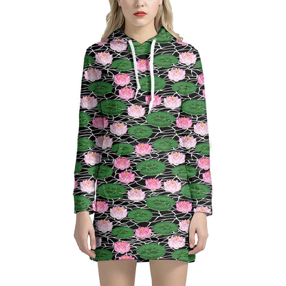 Lotus Flower And Leaf Pattern Print Hoodie Dress