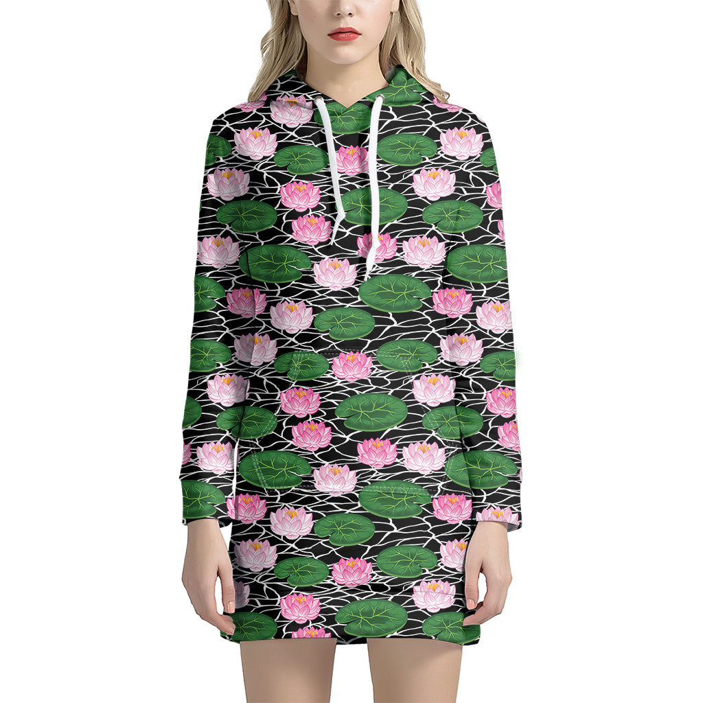 Lotus Flower And Leaf Pattern Print Hoodie Dress