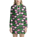 Lotus Flower And Leaf Pattern Print Hoodie Dress