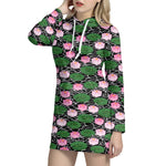 Lotus Flower And Leaf Pattern Print Hoodie Dress