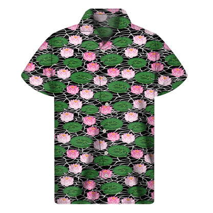 Lotus Flower And Leaf Pattern Print Men's Short Sleeve Shirt