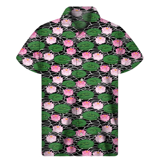 Lotus Flower And Leaf Pattern Print Men's Short Sleeve Shirt