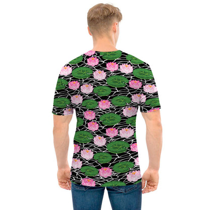 Lotus Flower And Leaf Pattern Print Men's T-Shirt