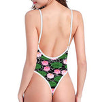 Lotus Flower And Leaf Pattern Print One Piece High Cut Swimsuit