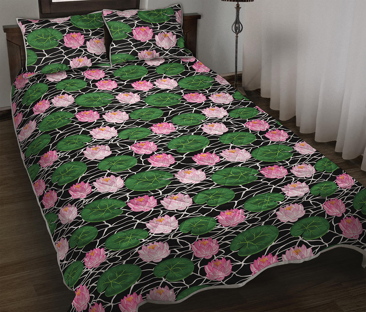 Lotus Flower And Leaf Pattern Print Quilt Bed Set
