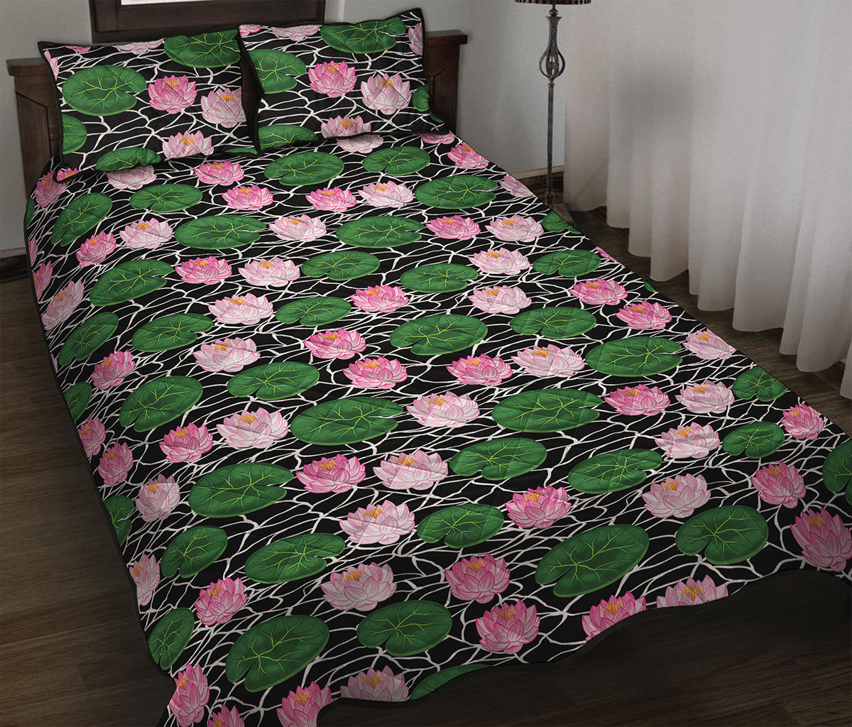 Lotus Flower And Leaf Pattern Print Quilt Bed Set