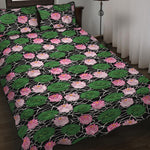 Lotus Flower And Leaf Pattern Print Quilt Bed Set