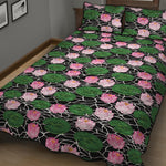 Lotus Flower And Leaf Pattern Print Quilt Bed Set