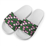 Lotus Flower And Leaf Pattern Print White Slide Sandals