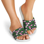 Lotus Flower And Leaf Pattern Print White Slide Sandals