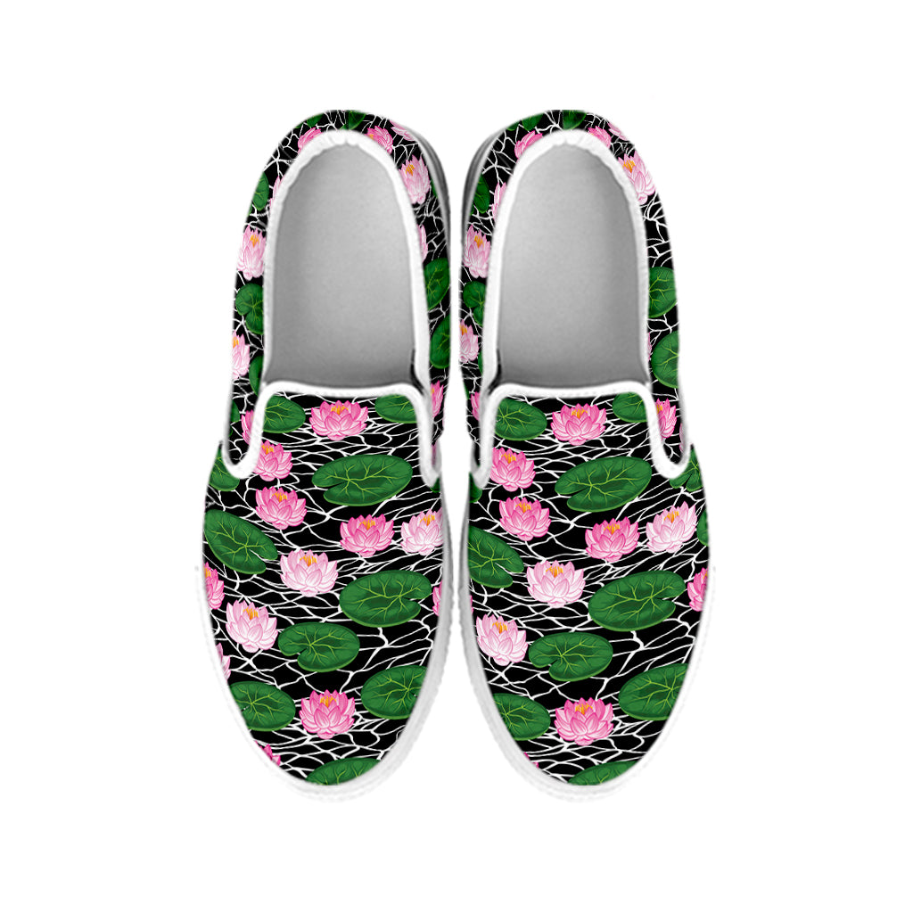 Lotus Flower And Leaf Pattern Print White Slip On Shoes