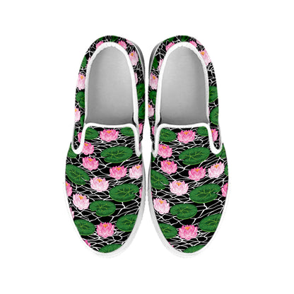 Lotus Flower And Leaf Pattern Print White Slip On Shoes