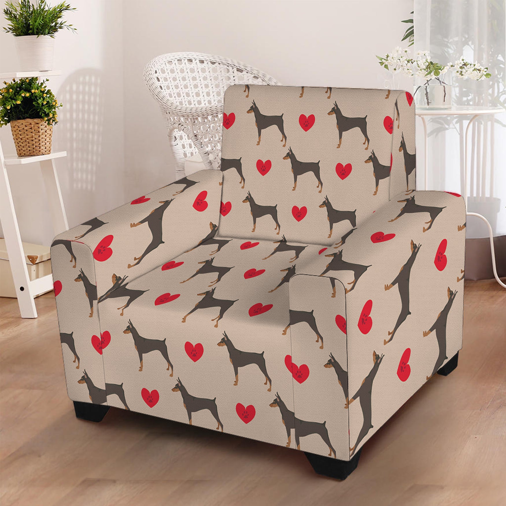 Love Dobermann Pattern Print Armchair Slipcover