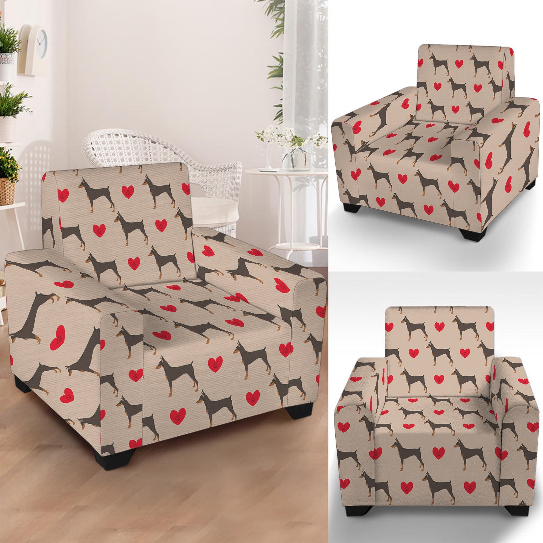 Love Dobermann Pattern Print Armchair Slipcover