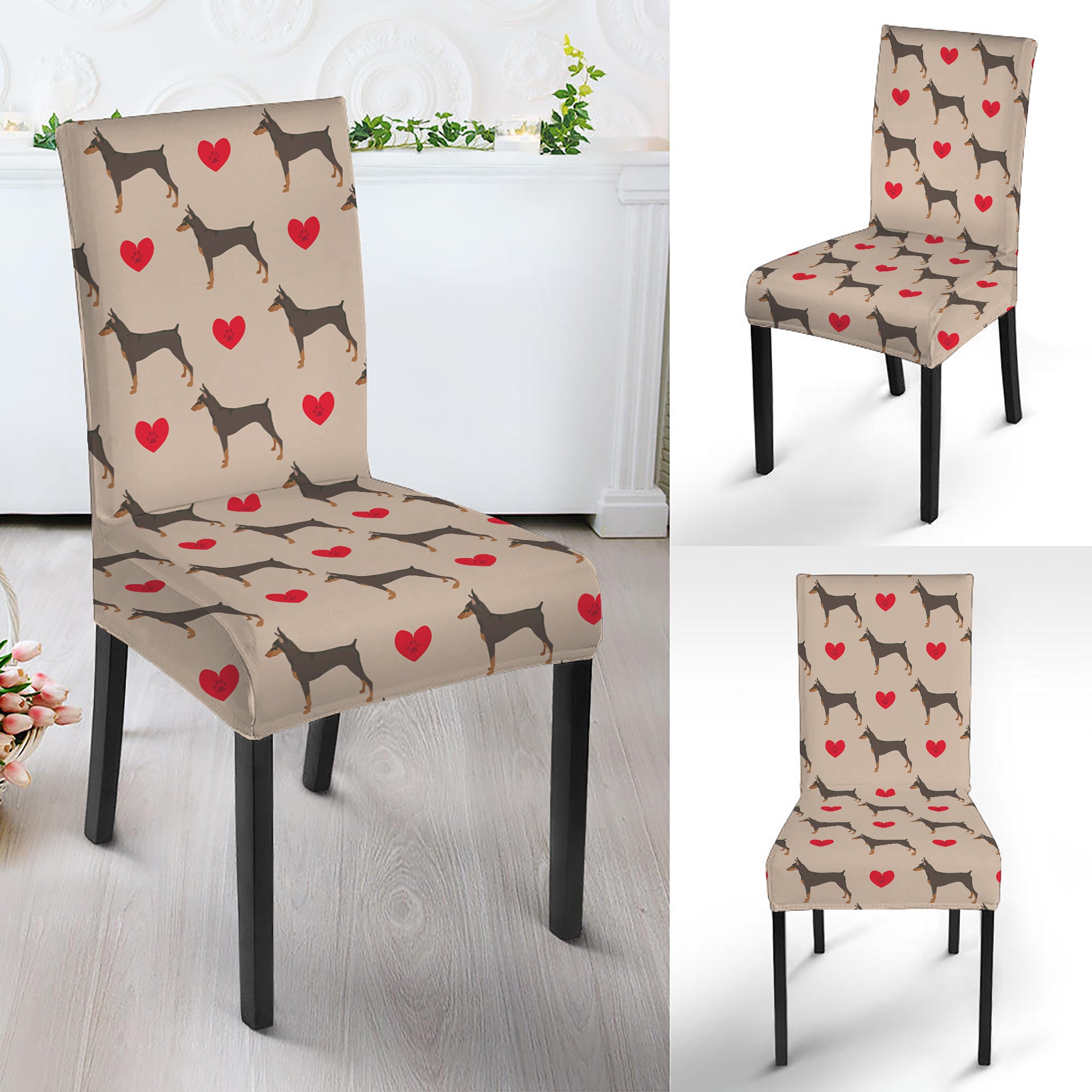 Love Dobermann Pattern Print Dining Chair Slipcover