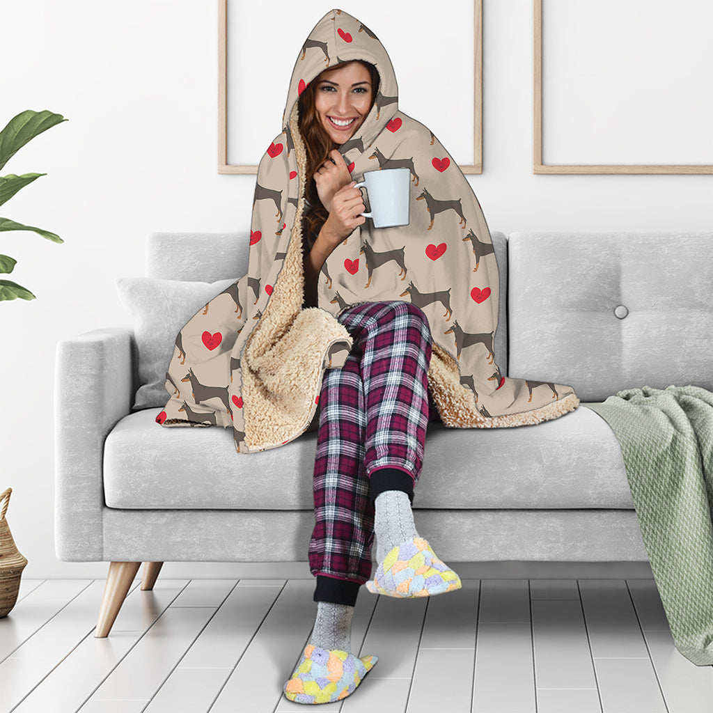 Love Dobermann Pattern Print Hooded Blanket