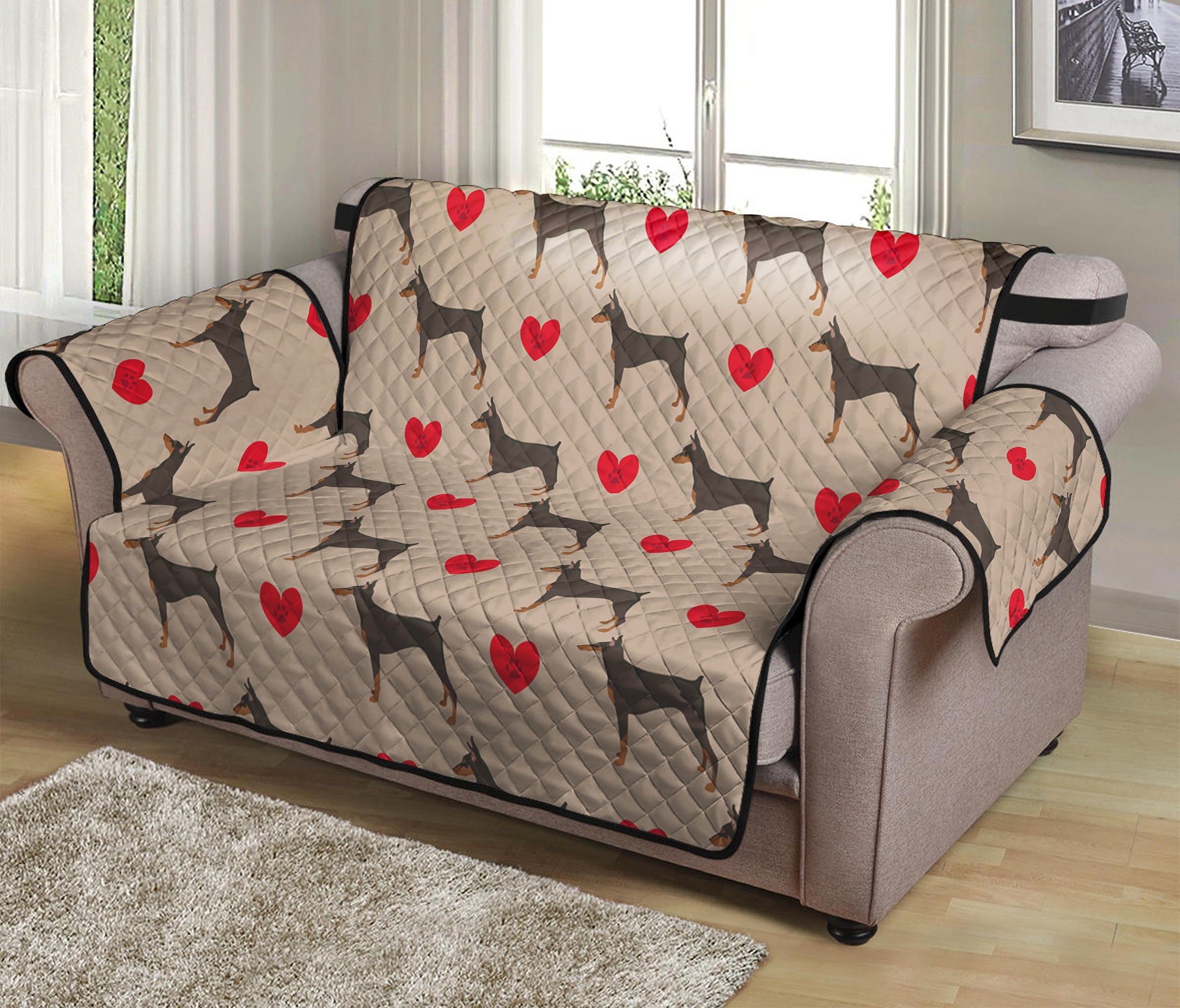 Love Dobermann Pattern Print Loveseat Protector