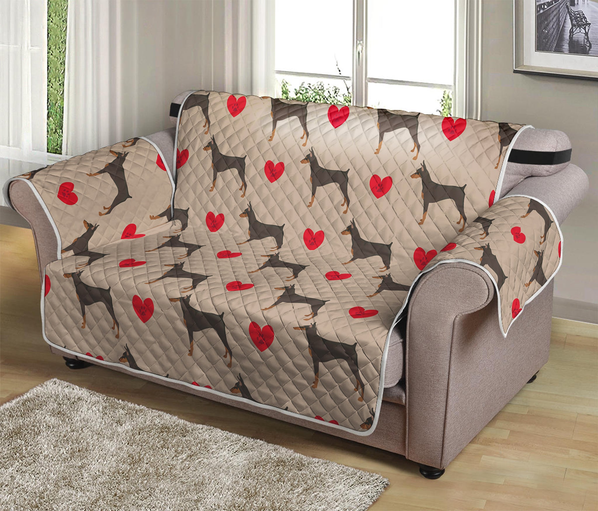 Love Dobermann Pattern Print Loveseat Protector