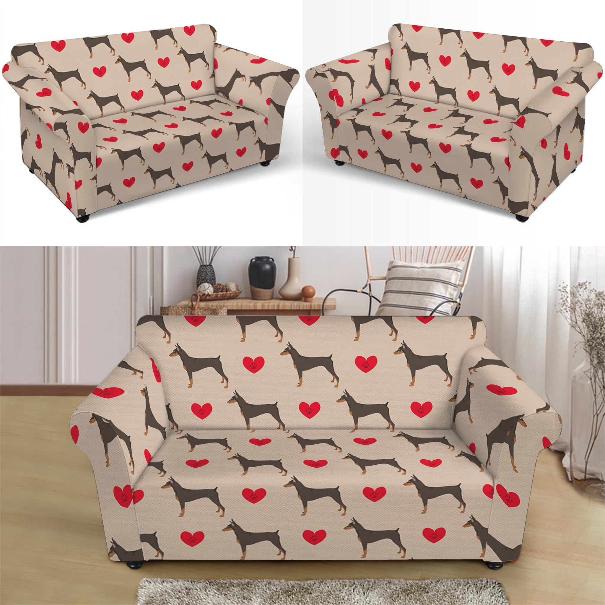 Love Dobermann Pattern Print Loveseat Slipcover