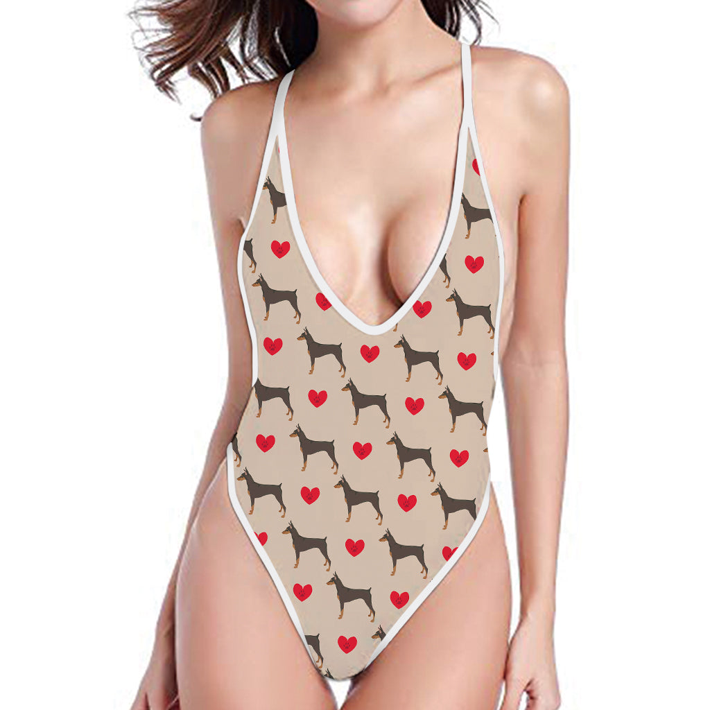 Love Dobermann Pattern Print One Piece High Cut Swimsuit